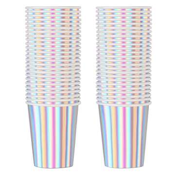 Iridescent Paper Cups 9 oz [50 pack] Disposable Coffee Cup Hot Cold Drinks Tea Water Milk Juice Beverages Holographic Rainbow Party Decorations for Picnic Home Birthday Wedding Anniversary Christmas
