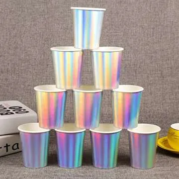 Iridescent Paper Cups 9 oz [50 pack] Disposable Coffee Cup Hot Cold Drinks Tea Water Milk Juice Beverages Holographic Rainbow Party Decorations for Picnic Home Birthday Wedding Anniversary Christmas
