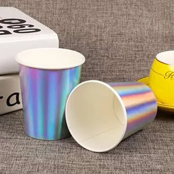 Iridescent Paper Cups 9 oz [50 pack] Disposable Coffee Cup Hot Cold Drinks Tea Water Milk Juice Beverages Holographic Rainbow Party Decorations for Picnic Home Birthday Wedding Anniversary Christmas