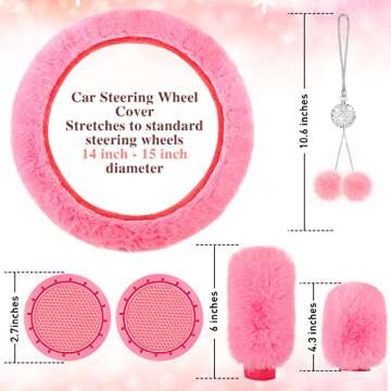 6 Pieces Fluffy Car Accessories Set Fluffy Steering Wheel Cover Soft Fuzz Handbrake Cover Gear Shift Cover Bling Car Mirror Fuzz Car Decoration 2 Pieces Bling Car Pad (Pink, Short Hair)