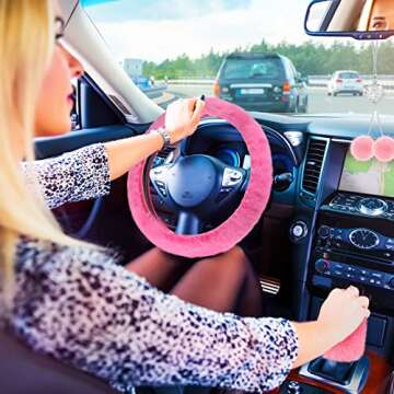 6 Pieces Fluffy Car Accessories Set Fluffy Steering Wheel Cover Soft Fuzz Handbrake Cover Gear Shift Cover Bling Car Mirror Fuzz Car Decoration 2 Pieces Bling Car Pad (Pink, Short Hair)