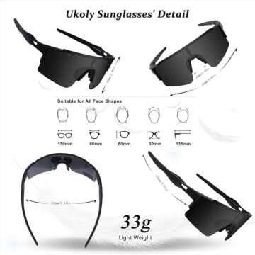 Ukoly Cycling Sunglasses for Men Women with 3 Interchangeable Lenses, Polarized Sports Sunglasses, Baseball Sunglasses (GREY-1 Lens)