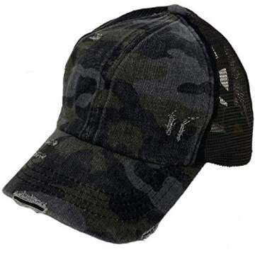 C.C Ponytail Criss Cross Messy Buns Ponycaps Baseball Cap Dad Trucker Mesh Hat (Distressed Camouflage Black/Black)