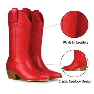 Women's Cowgirl Embroidered Western Cowboy Boots, Mid Calf Booties Pointed Toe Chunky Heel Pull On Fashion Design for Ladies, Party and Outdoor