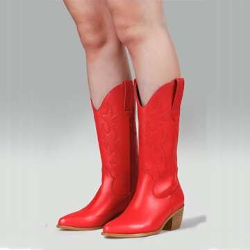 Women's Cowgirl Embroidered Western Cowboy Boots, Mid Calf Booties Pointed Toe Chunky Heel Pull On Fashion Design for Ladies, Party and Outdoor