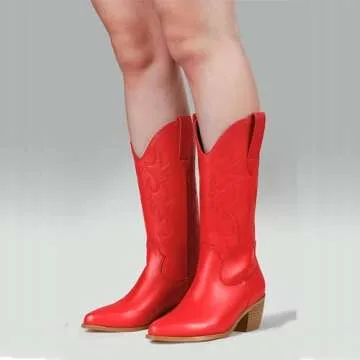 Women's Cowgirl Embroidered Western Cowboy Boots, Mid Calf Booties Pointed Toe Chunky Heel Pull On Fashion Design for Ladies, Party and Outdoor