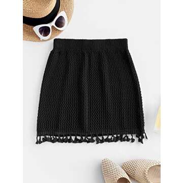 ZAFUL Women's Swimsuit Cover Up Crochet Sheer Short Beach Skirt with Tassels (1-Black, One Size)
