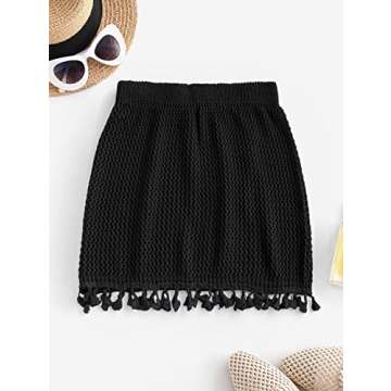 ZAFUL Women's Swimsuit Cover Up Crochet Sheer Short Beach Skirt with Tassels (1-Black, One Size)