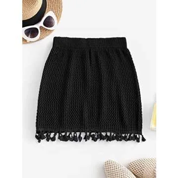 ZAFUL Women's Swimsuit Cover Up Crochet Sheer Short Beach Skirt with Tassels (1-Black, One Size)