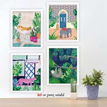 YIMEHDAN Moroccan Jungle Animal Wall Art Print - Leopard Tiger Bear Elephant Sloth Canvas Print - Forest Animal Tropical Plant Artwork for Kids Bedroom Decor (Set of 6) - Unframed - 8X10 inch