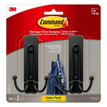 Command Large Matte Black Double Hooks, 2 Hooks and 2 Command Strips, Damage Free Hanging Wall Hooks...