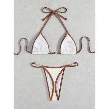 GORGLITTER Women's 2 Piece Thong Bikini Set Sexy String Cheeky Bottom Swimsuit Y2K Micro Chain High Cut Bathing Suit Apricot Small