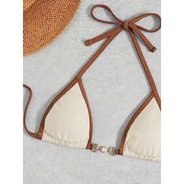 GORGLITTER Women's 2 Piece Thong Bikini Set Sexy String Cheeky Bottom Swimsuit Y2K Micro Chain High Cut Bathing Suit Apricot Small