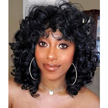 KEAT Curly Wigs for Black Women Short Big Curly Kinky Wigs for Women Afro Wavy Black Mixed Brown Wig...