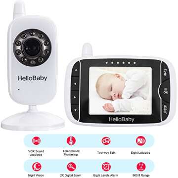 HelloBaby 3.2 Inch Video Baby Monitor with Night Vision & Temperature Sensor, Two Way Talkback System