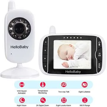 HelloBaby 3.2 Inch Video Baby Monitor with Night Vision & Temperature Sensor, Two Way Talkback System