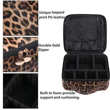 OXYTRA Makeup Bag Leopard Print PU Leather Travel Cosmetic Bag for Women Girls - Cute Large Makeup Case Cosmetic Train Case Organizer with Adjustable Dividers for Cosmetics Make Up Tools