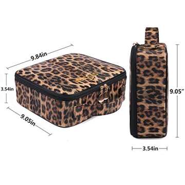 OXYTRA Makeup Bag Leopard Print PU Leather Travel Cosmetic Bag for Women Girls - Cute Large Makeup Case Cosmetic Train Case Organizer with Adjustable Dividers for Cosmetics Make Up Tools