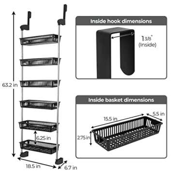 Smart Design Over-the-Door Organizer for Storage – Perfect for Pantry Organization, Bedroom, Bathroom Storage, Playroom, or Kitchen - Adjustable Steel Frame with 6 Baskets & Wall Mount – Black