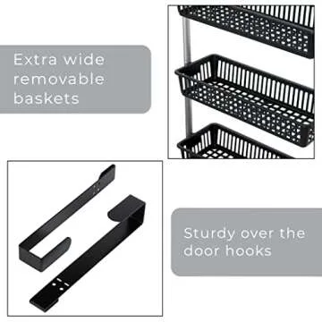 Smart Design Over-the-Door Organizer for Storage – Perfect for Pantry Organization, Bedroom, Bathroom Storage, Playroom, or Kitchen - Adjustable Steel Frame with 6 Baskets & Wall Mount – Black