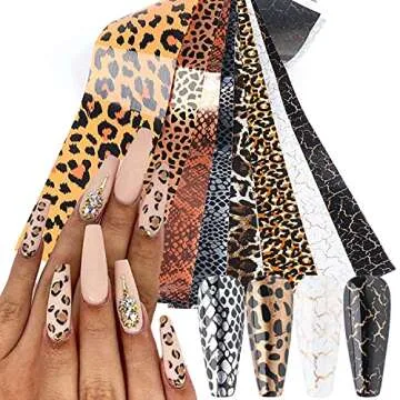 KZBTRBT Leopard Nail Foils, 10pcs Holographic Animal Design Stickers, Acrylic Nails Decorations, Starry Sky Leopard Print, for Women Manicure