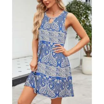 SimpleFun Sundresses for Women Beach Short Boho Dresses Summer Flowy Tank Dress Cruise Outfits Blue,L