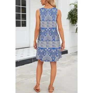 SimpleFun Sundresses for Women Beach Short Boho Dresses Summer Flowy Tank Dress Cruise Outfits Blue,L