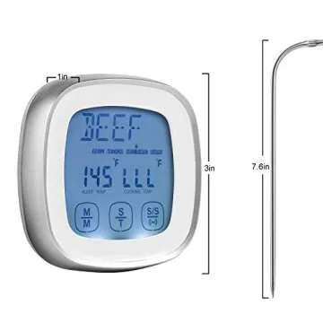 Touchscreen Digital Food Thermometer - Instant Read Meat Thermometer with Timer Alert and Long Food Grade Probe for Kitchen Cooking BBQ Grill Smoker