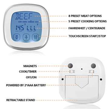 Touchscreen Digital Food Thermometer - Instant Read Meat Thermometer with Timer Alert and Long Food Grade Probe for Kitchen Cooking BBQ Grill Smoker