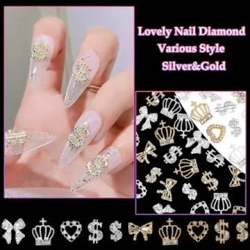 50 Pcs Gold Silver Nail Charms, Crown Heart Bow Metal Nail Charms, Dollar Sign Nail Charms, Gold Silver Crown Dollar Heart Alloy Y2K Nail Charms and Gems, Luxury Gold Nail Charms for Nail DIY