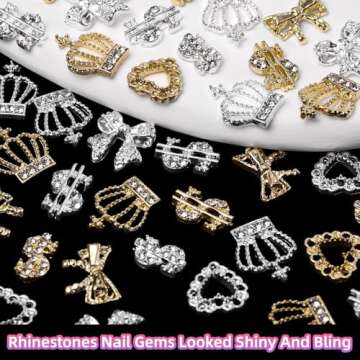 50 Pcs Gold Silver Nail Charms, Crown Heart Bow Metal Nail Charms, Dollar Sign Nail Charms, Gold Silver Crown Dollar Heart Alloy Y2K Nail Charms and Gems, Luxury Gold Nail Charms for Nail DIY