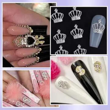 50 Pcs Gold Silver Nail Charms, Crown Heart Bow Metal Nail Charms, Dollar Sign Nail Charms, Gold Silver Crown Dollar Heart Alloy Y2K Nail Charms and Gems, Luxury Gold Nail Charms for Nail DIY