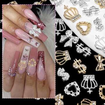 50 Pcs Gold Silver Nail Charms, Crown Heart Bow Metal Nail Charms, Dollar Sign Nail Charms, Gold Silver Crown Dollar Heart Alloy Y2K Nail Charms and Gems, Luxury Gold Nail Charms for Nail DIY