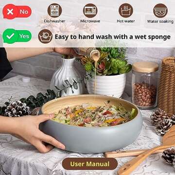 CLAYNIX Bamboo Fruit Bowl, Decorative Bowl For Kitchen Counter, Large Serving Bowl, Or Fruit Basket For Kitchen (Gray)