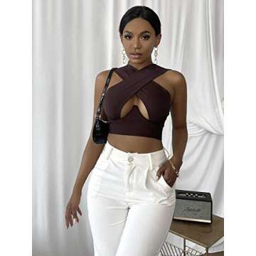 SheIn Women's Crisscross Cut Out Vest Halter Wrap Crop Top Solid Cami Tank Tops Coffee Brown Small