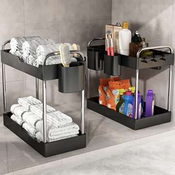 VIVAIVE 2 Pack Under Sink Organizer,2 Tier Under Sink Storage Organizer with Hooks and Hanging Cups ...
