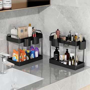 VIVAIVE 2 Pack Under Sink Organizer,2 Tier Under Sink Storage Organizer with Hooks and Hanging Cups for Bathroom,Kitchen Multi-Purpose Standing Rack Organizer,Bathroom Collection Baskets