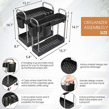VIVAIVE 2 Pack Under Sink Organizer,2 Tier Under Sink Storage Organizer with Hooks and Hanging Cups for Bathroom,Kitchen Multi-Purpose Standing Rack Organizer,Bathroom Collection Baskets