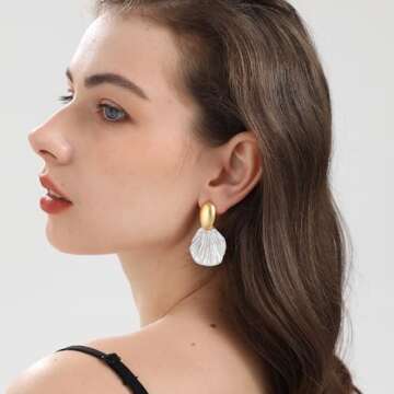 GretWal 18K Gold Plated Bow Earrings Studs for Women (Gold Shell Dangle)