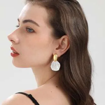 GretWal 18K Gold Plated Bow Earrings Studs for Women (Gold Shell Dangle)