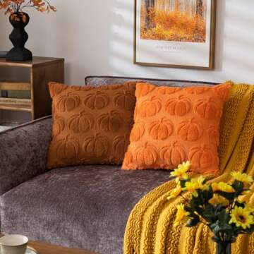 COSIBONO Pumpkin Fall Decorative Throw Pillow Covers 18"x18", Set of 2 Rust Red Soft Faux Fur Pillow Covers for Autumn Harvest, Fluffy Plush Accent Pillow Cases for Farmhouse Couch Cushion Covers