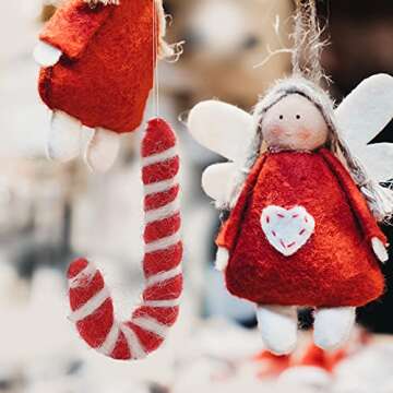 Glaciart One Felt Candy Cane Decoration (Red/White)- DIY Garland, Arts Crafts Supplies, Cute Home Decor for Christmas - Baby Mobile Ornaments - Hand-Felted Natural Wool Material - Set of 10