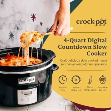 Crock-Pot Portable 4 Quart Stainless Steel Large Slow Cooker for Small Kitchen with Locking Lid, Han...
