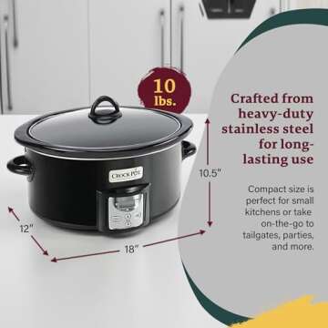 Crock-Pot Portable 4 Quart Stainless Steel Large Slow Cooker for Small Kitchen with Locking Lid, Handles, and Digital Automatic Timer, Black
