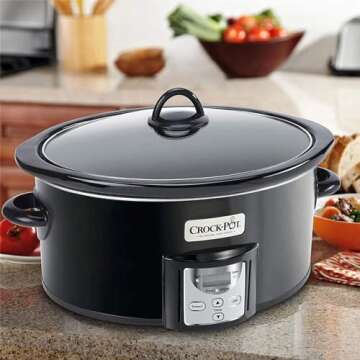 Crock-Pot Portable 4 Quart Stainless Steel Large Slow Cooker for Small Kitchen with Locking Lid, Handles, and Digital Automatic Timer, Black