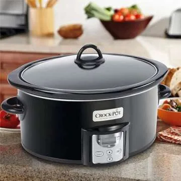 Crock-Pot Portable 4 Quart Stainless Steel Large Slow Cooker for Small Kitchen with Locking Lid, Handles, and Digital Automatic Timer, Black