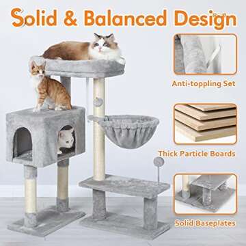 rabbitgoo Cat Tree Cat Tower with Adjustable Base, Small Cat Tree for Indoor Cats, Multi-Level Cat Condo with Scratching Posts & Large Perch, Cat Climber Stand for Small Kittens, 38" Tall (Grey)