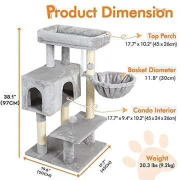 rabbitgoo Cat Tree Cat Tower with Adjustable Base, Small Cat Tree for Indoor Cats, Multi-Level Cat Condo with Scratching Posts & Large Perch, Cat Climber Stand for Small Kittens, 38" Tall (Grey)