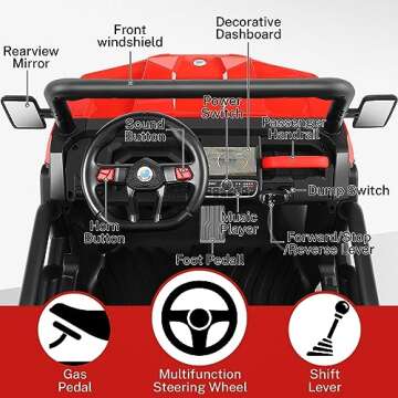 Hikole 2 Seater Ride On Car with Remote Control, 24V Ride On Toys for Big Kids with Dump Bed, 4X75 Motors, Shovel, 3 Speeds, Music Play, 6 Wheeler UTV Ride On Truck for Boys Girls, Red