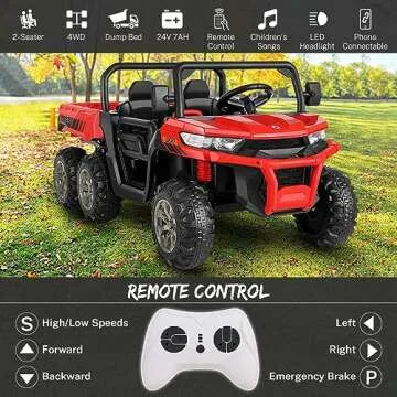 Hikole 2 Seater Ride On Car with Remote Control, 24V Ride On Toys for Big Kids with Dump Bed, 4X75 Motors, Shovel, 3 Speeds, Music Play, 6 Wheeler UTV Ride On Truck for Boys Girls, Red